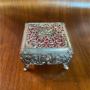 Vintage Ornate Rose Details Silver Tone and Red Jewelry Box